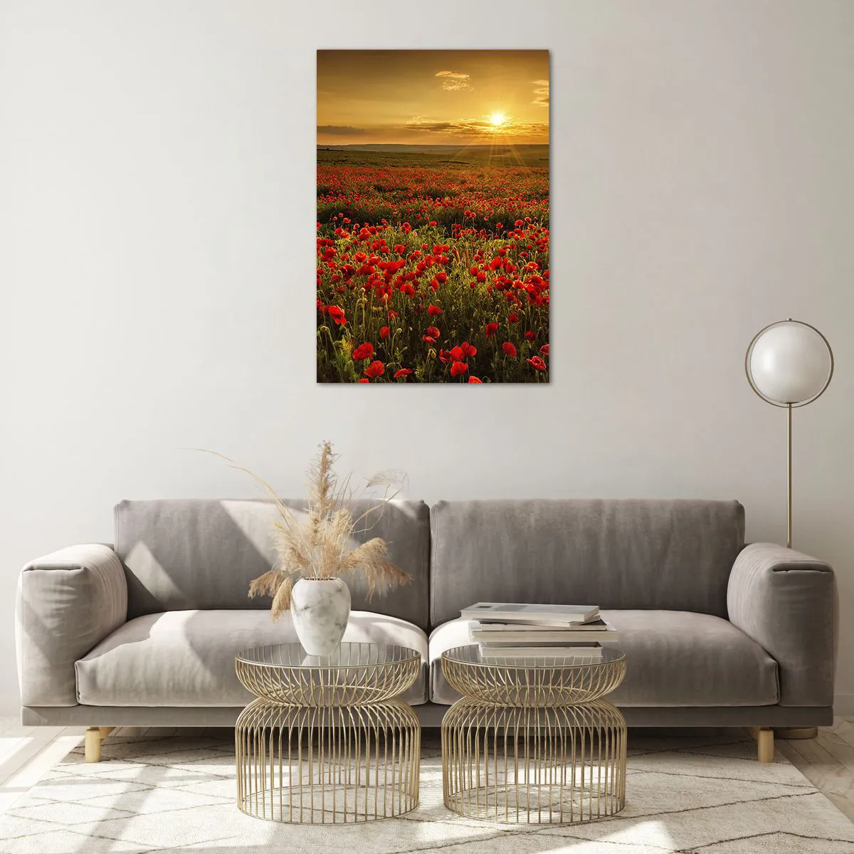 Cuadro sobre vidrio - Impresiones sobre Vidrio - Un campo de amapolas rojas bajo el resplandor del sol poniente. - 70x100cm - Entre los campos de flores - Decoración de pared moderna para salón y dormitorio ARTTOR