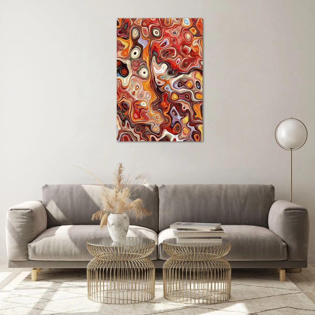 Cuadro sobre vidrio - Impresiones sobre Vidrio - Una composición abstracta en tonos cálidos de rojo, naranja y amarillo. - 70x100cm - Si las nueces se derritieran en la miel - Decoración de pared moderna para salón y dormitorio ARTTOR