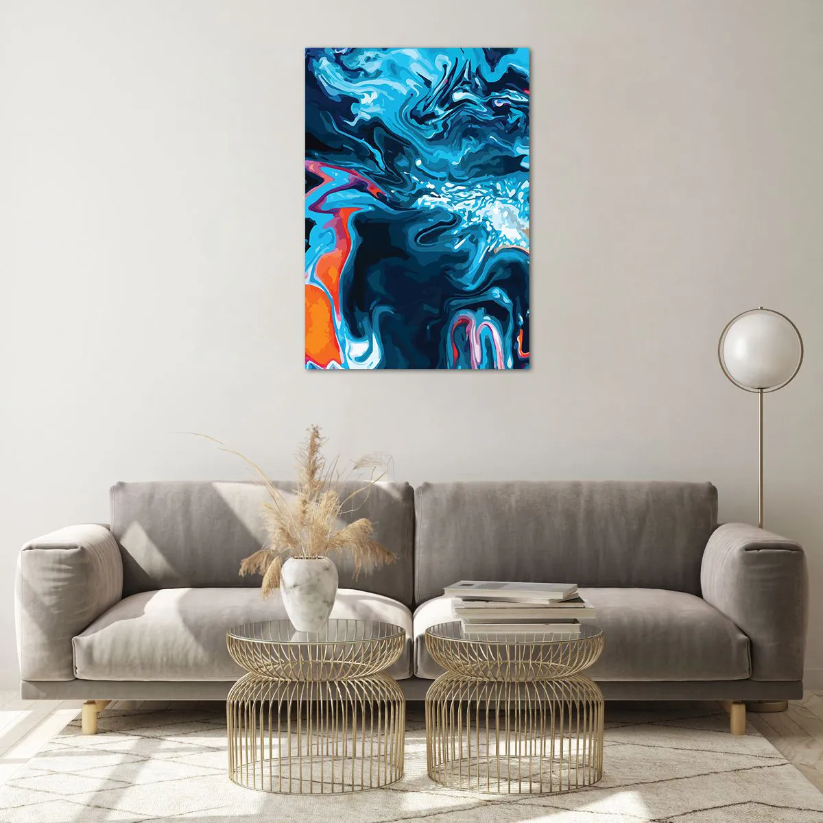 Glasbild - Bild auf glas - Ein abstraktes Muster in Blautönen mit orangefarbenen Akzenten. - 70x100cm - Reise ins Zentrum des Himmels - Moderne Wanddekoration für Wohnzimmer und Schlafzimmer ARTTOR