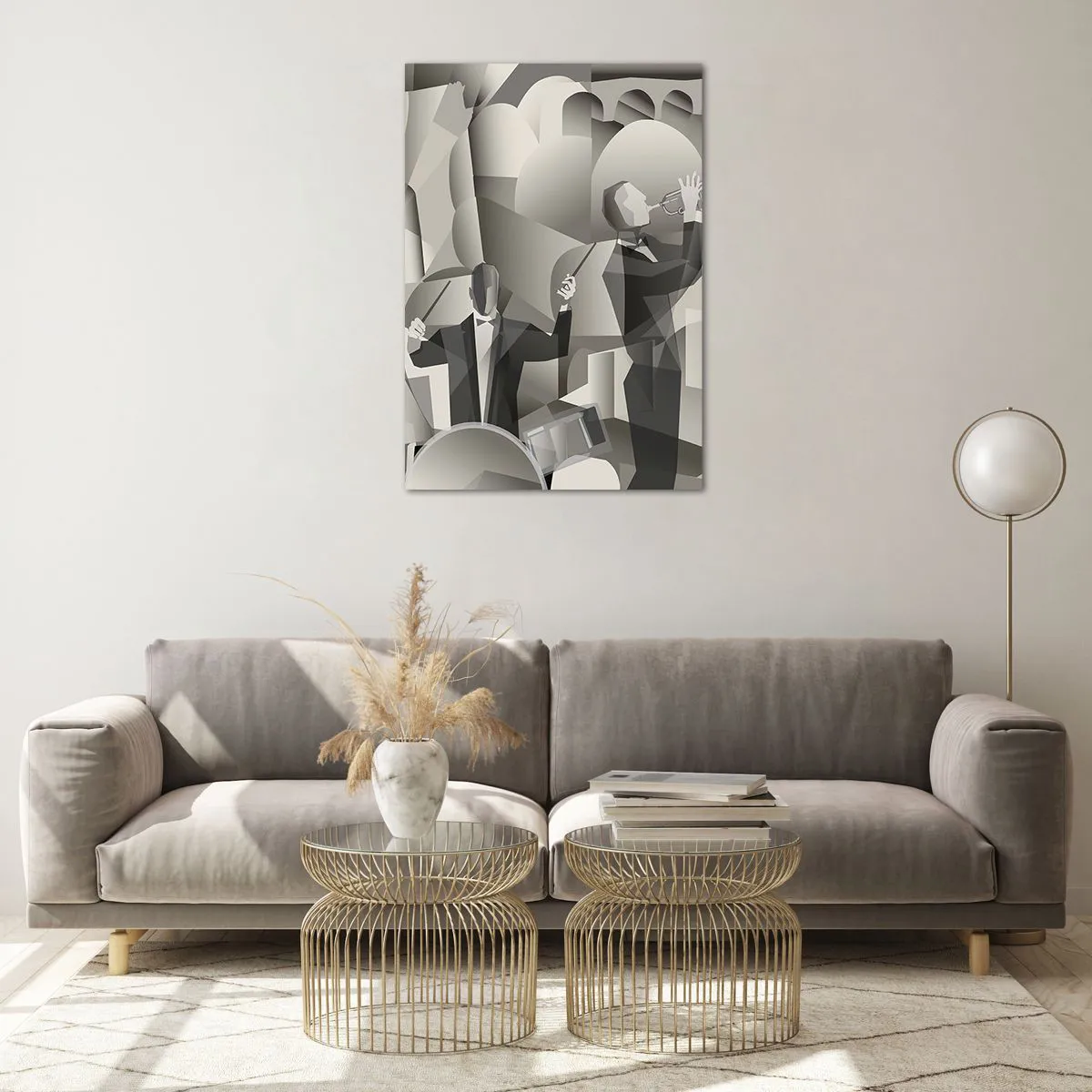 Glasbild - Bild auf glas - Abstrakte Szene mit Jazzmusikern in Grautönen. - 70x100cm - Im Raum der Klänge - Moderne Wanddekoration für Wohnzimmer und Schlafzimmer ARTTOR