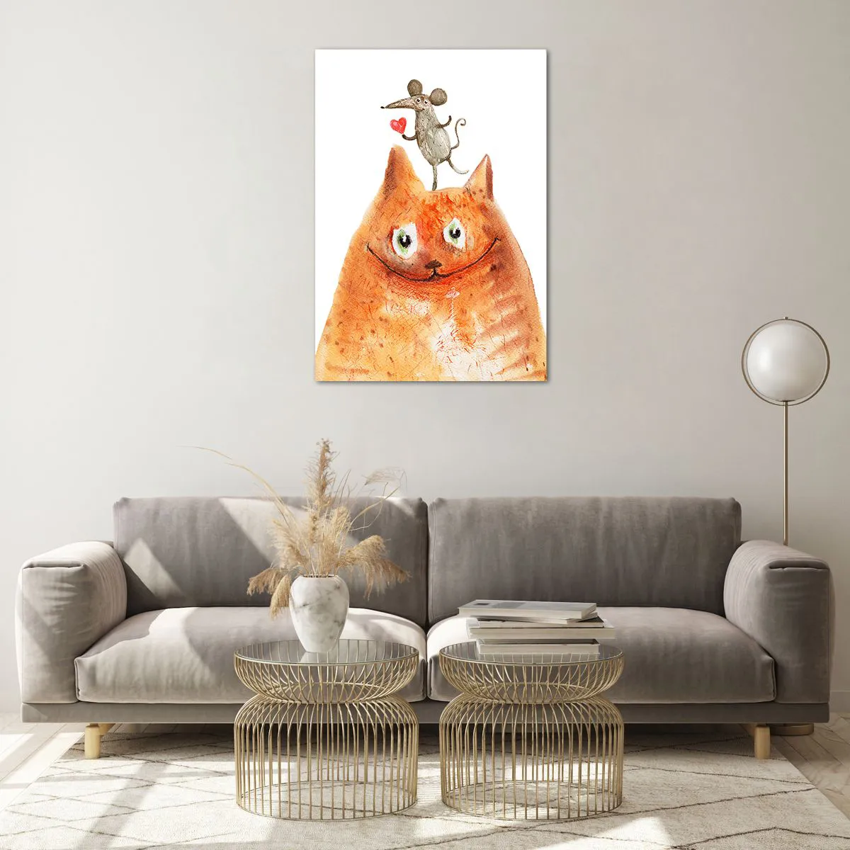 Impression sur verre - Image sur verre - Un dessin d'un chat avec une souris sur la tête tenant un cœur - 70x100cm - Amour paradoxal - Décoration murale moderne pour le salon et la chambre ARTTOR