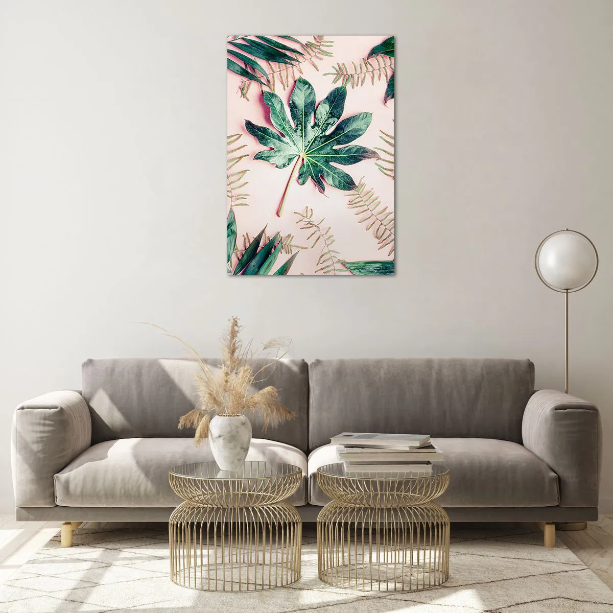 Tablou pe sticlă - Studiu de verdeață pe un fundal roz - 70x100 cm