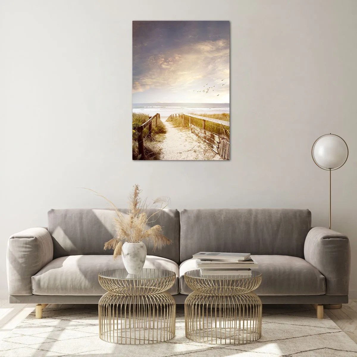 Obraz na szkle - Drewniana ścieżka prowadząca na plażę o zachodzie słońca - 70x100cm - Przestrzeń spokoju - Nowoczesna dekoracja ścienna do salonu i sypialni ARTTOR