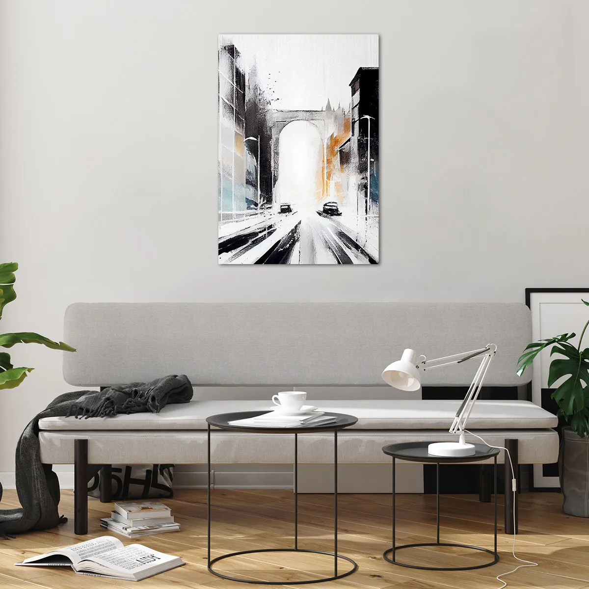 Glasbild - Bild auf glas - Abstraktes Stadtpanorama mit einer Bogenbrücke - 70x100cm - Stadtstudie: Architektur und Bewegung - Moderne Wanddekoration für Wohnzimmer und Schlafzimmer ARTTOR