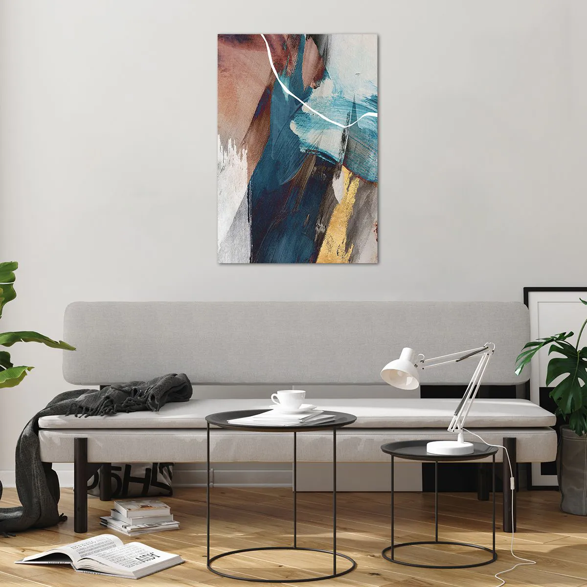 Impression sur verre - Image sur verre - Coups de pinceau abstraits dans des tons de bleu et d'or - 70x100cm - Avec panache et énergie - Décoration murale moderne pour le salon et la chambre ARTTOR