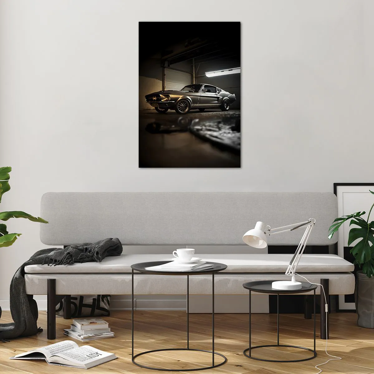 Glasbild - Bild auf glas - Oldtimer in Retro-Garage - 70x100cm - Zurück in die Vergangenheit - Moderne Wanddekoration für Wohnzimmer und Schlafzimmer ARTTOR