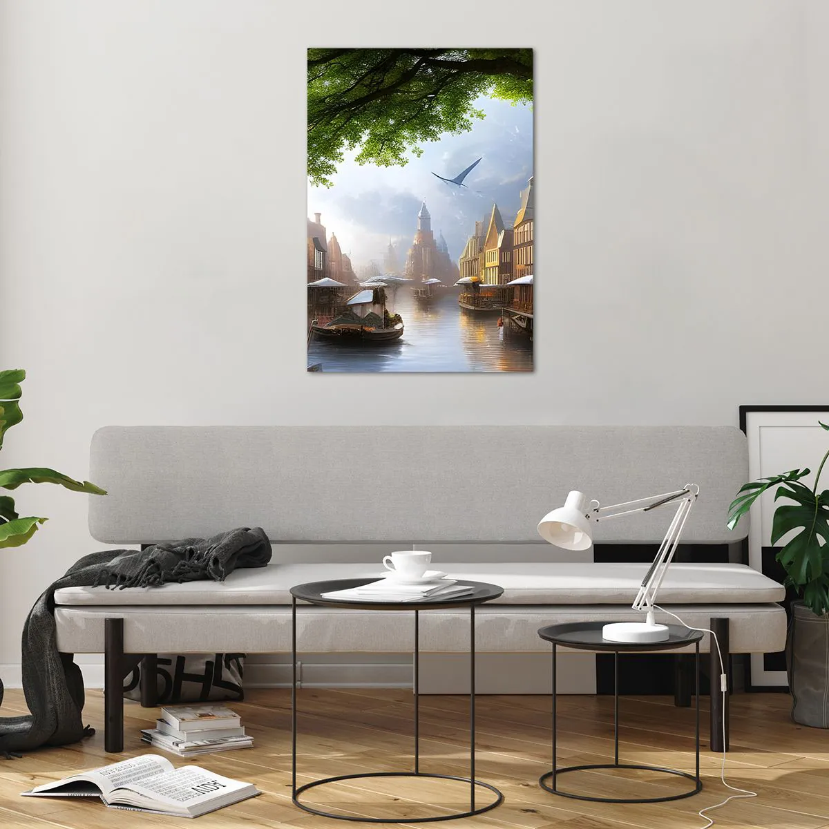 Impression sur verre - Image sur verre - Un paysage hollandais pittoresque avec un canal et des maisons de rapport - 70x100cm - Paysage urbain néerlandais - Décoration murale moderne pour le salon et la chambre ARTTOR