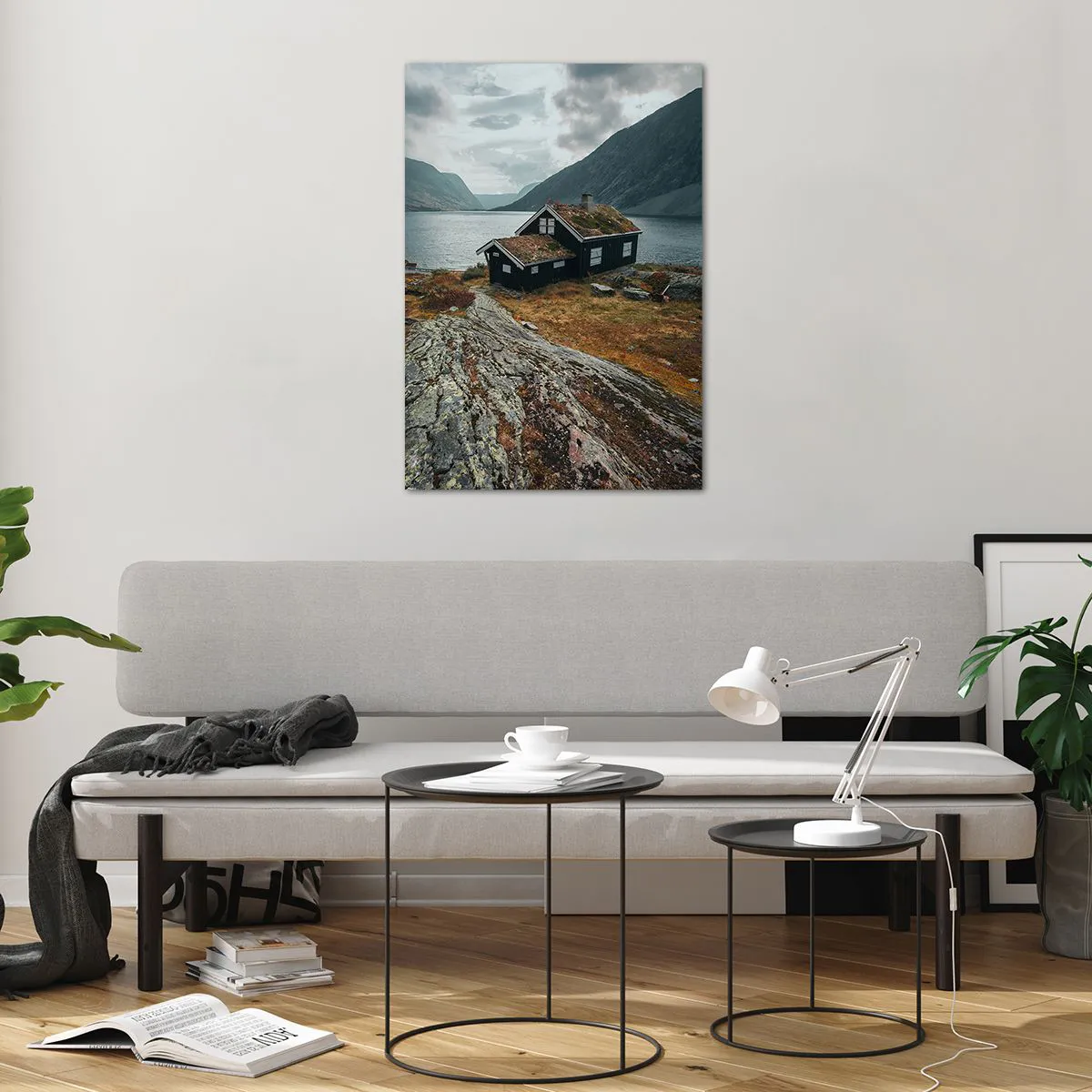 Obraz na skle - Domček pri fjorde - 70x100 cm