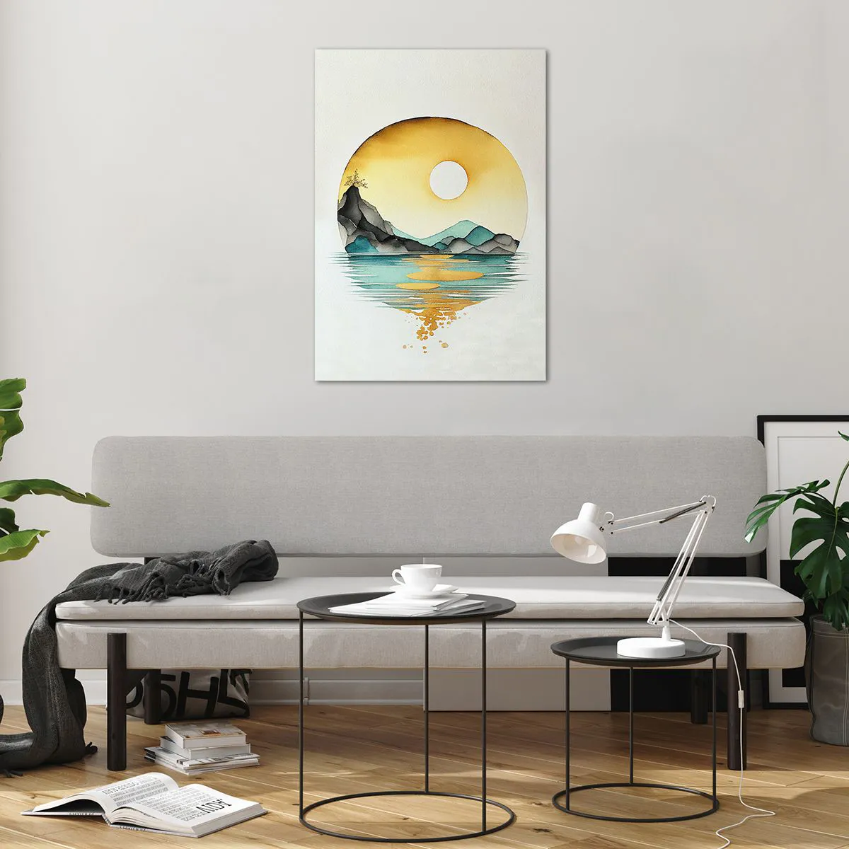 Obraz na szkle - Akwarelowy pejzaż gór i jeziora w złotej poświacie zachodzącego słońca - 70x100cm - W kręgu piękna - Nowoczesna dekoracja ścienna do salonu i sypialni ARTTOR