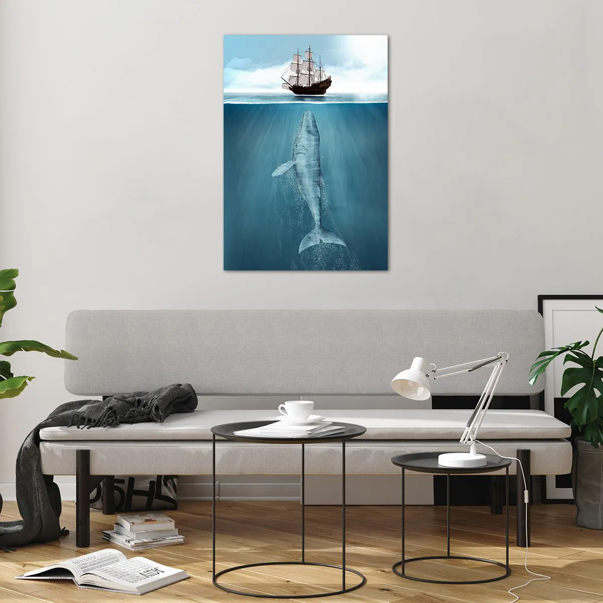 Obraz na szkle - Statek żaglowy na powierzchni oceanu, pod nim zanurzony wieloryb - 70x100cm - Lepiej nie wiedzieć - Nowoczesna dekoracja ścienna do salonu i sypialni ARTTOR