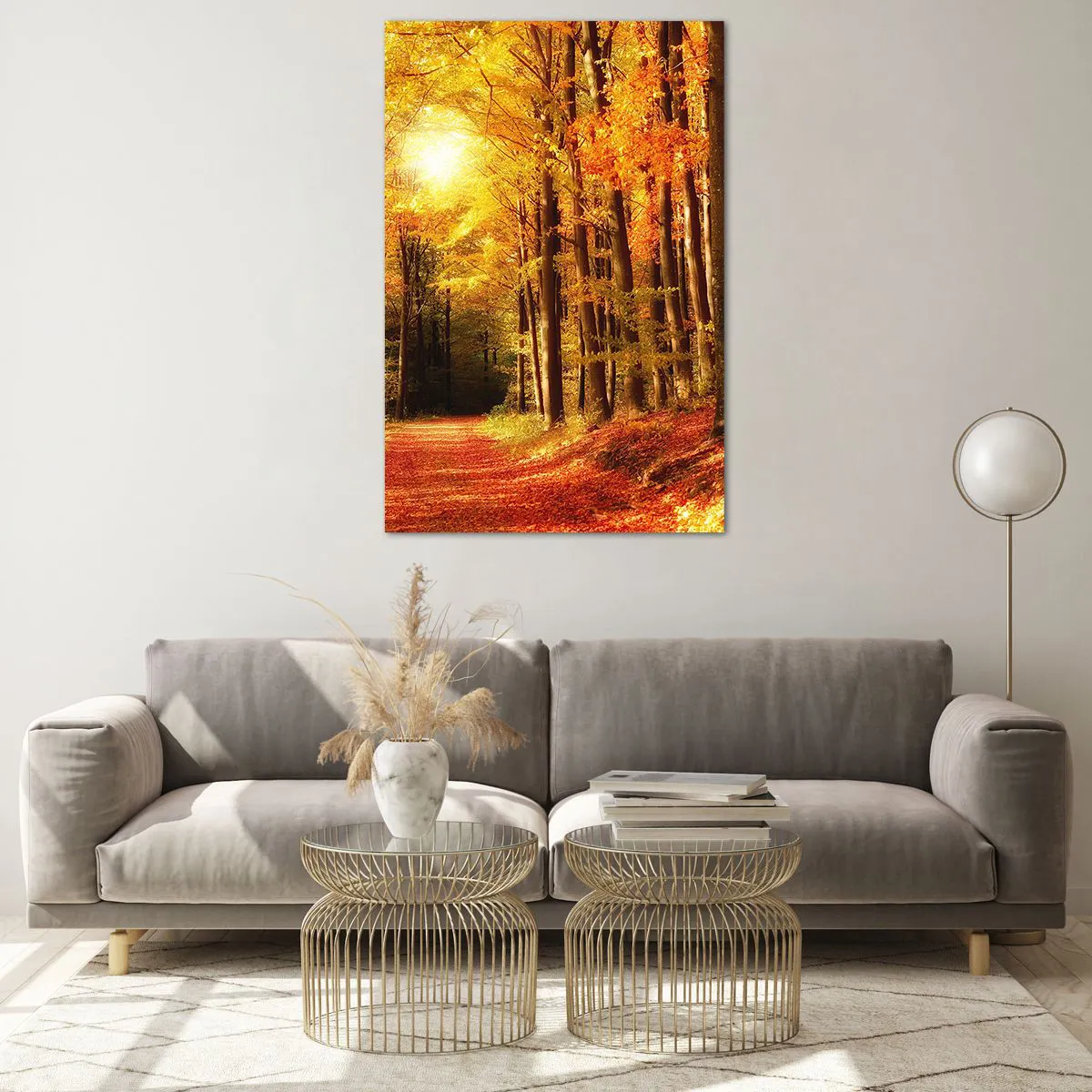 Glasbild - Bild auf glas - Herbstwald mit Sonnenstrahlen, die durch die Bäume scheinen - 80x120cm - Goldener Herbst auf einer Forststraße - Moderne Wanddekoration für Wohnzimmer und Schlafzimmer ARTTOR