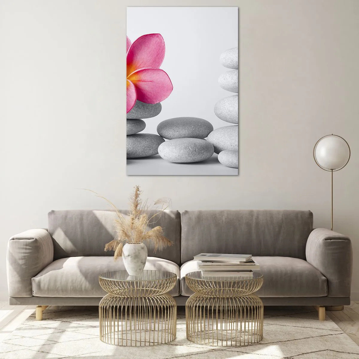 Quadro su vetro - Fiore rosa su pietre in stile zen - 80x120cm - Pietra su pietra, e su questa pietra... - Decorazione murale moderna per soggiorno e camera da letto ARTTOR
