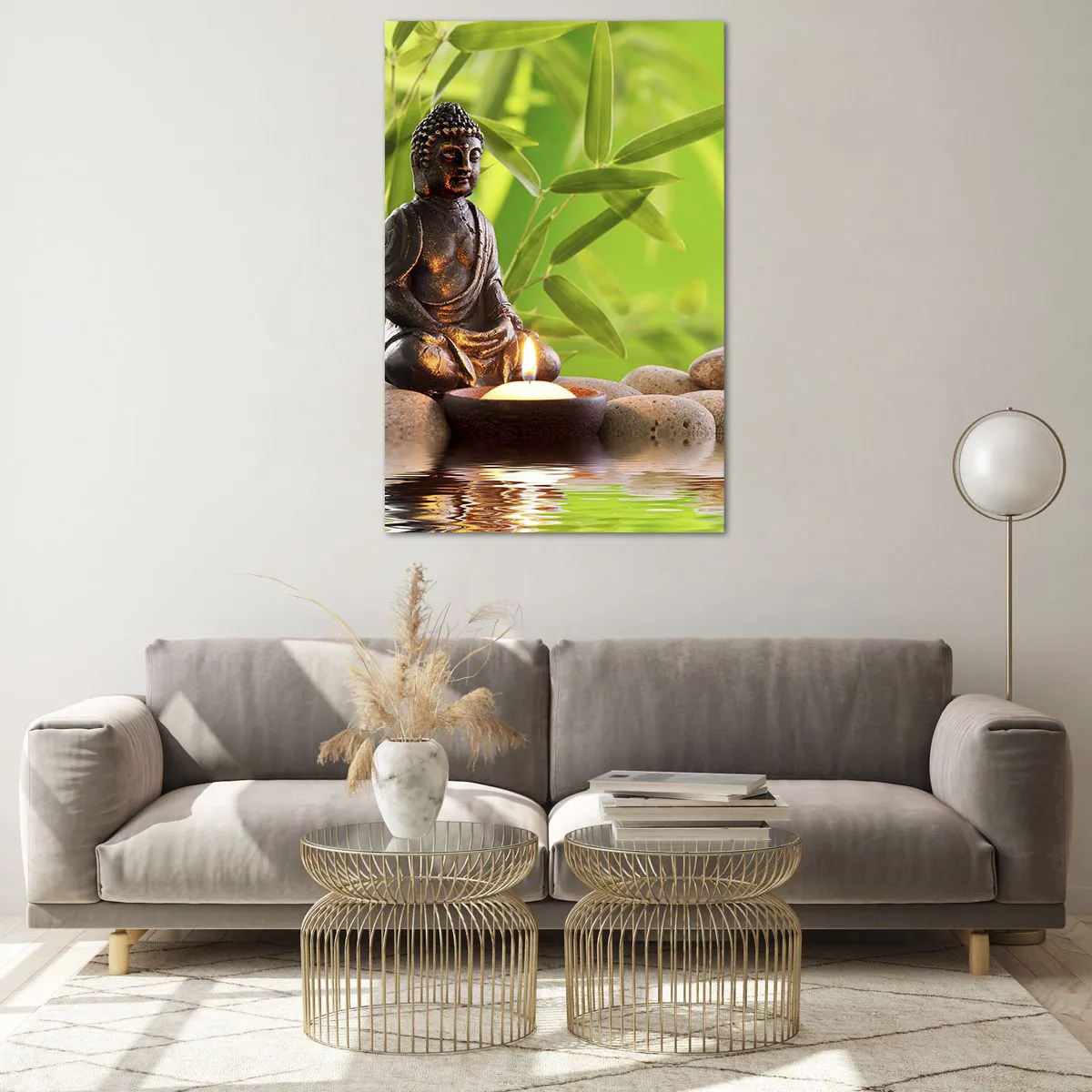 Obraz na szkle - Figura Buddy z kamieniami i świeczką na tle bambusa - 80x120cm - Życie jest piękne - Nowoczesna dekoracja ścienna do salonu i sypialni ARTTOR