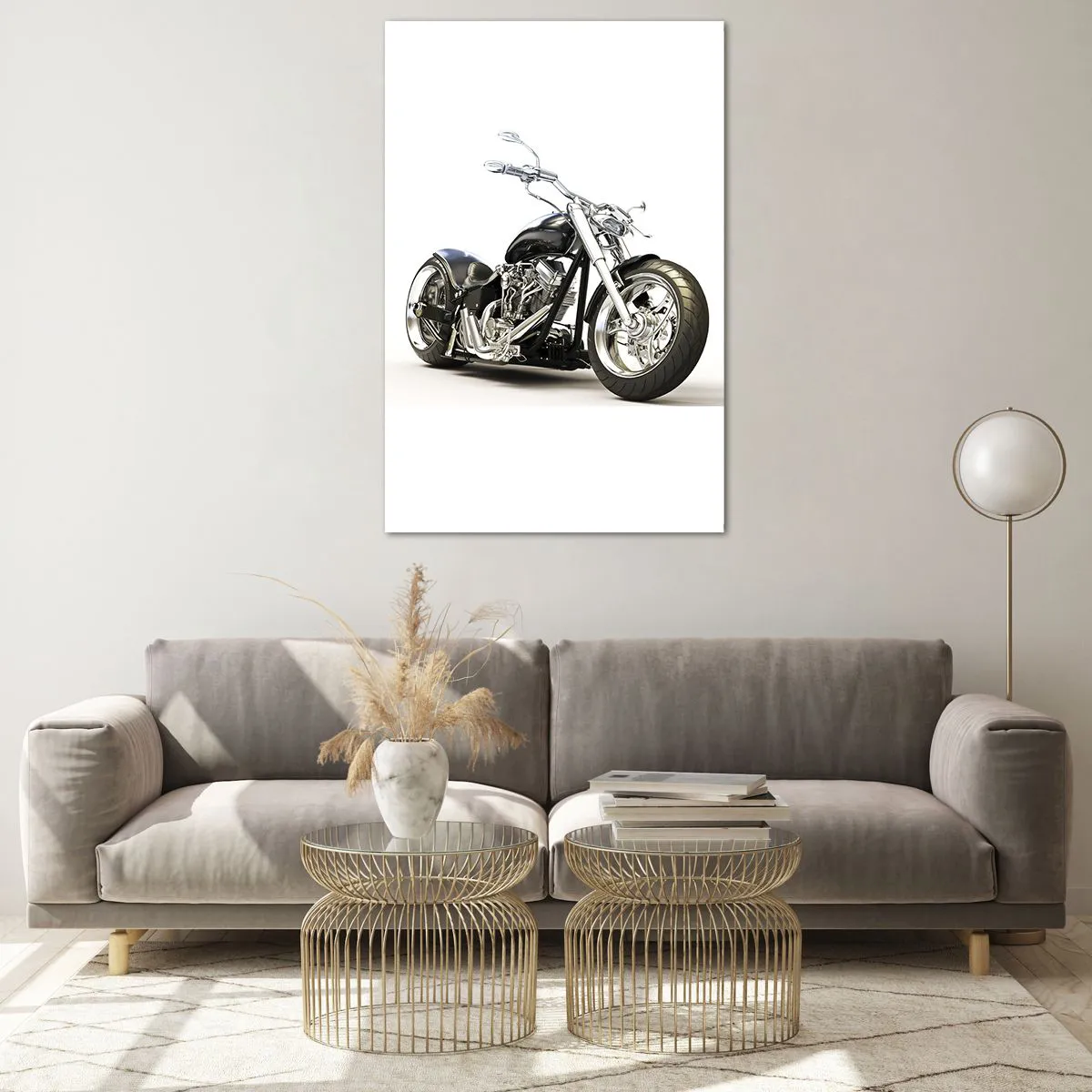Obraz na szkle - Stylowy czarny motocykl na białym tle - 80x120cm - Siła z charakterem - Nowoczesna dekoracja ścienna do salonu i sypialni ARTTOR