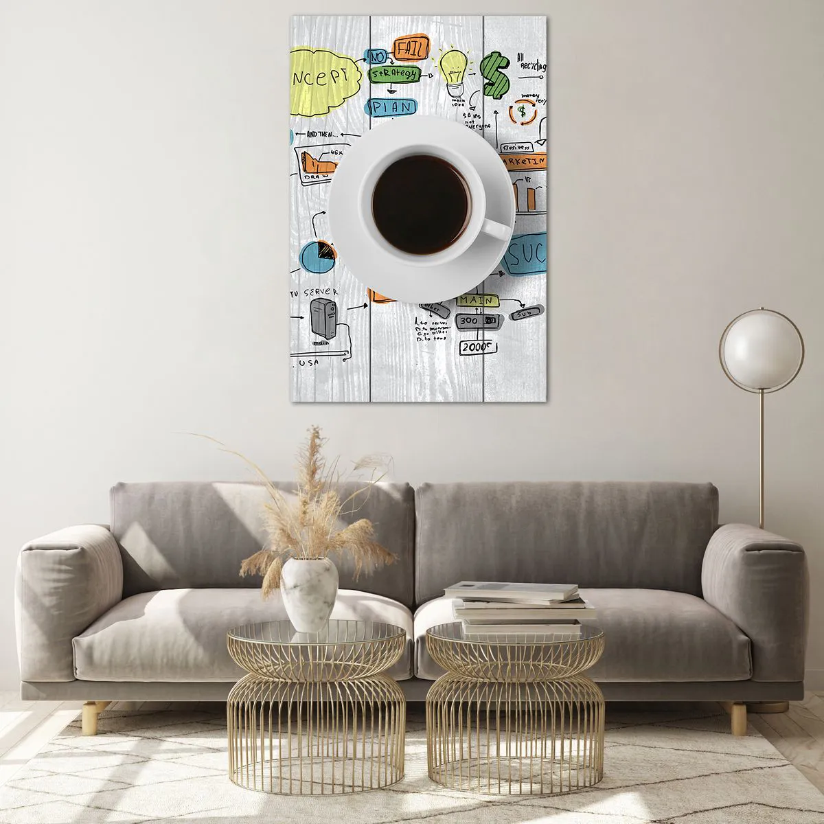 Glasbild - Bild auf glas - Eine Tasse Kaffee vor dem Hintergrund einer konzeptionellen Zeichnung - 80x120cm - Zeit für eine Pause - Moderne Wanddekoration für Wohnzimmer und Schlafzimmer ARTTOR