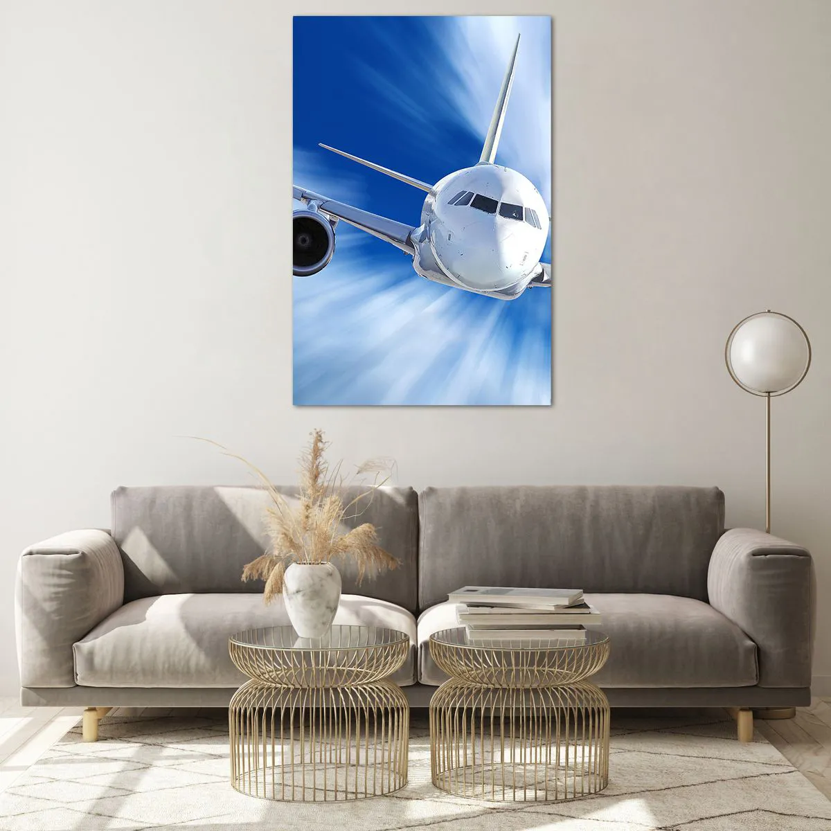 Cuadro sobre vidrio - Impresiones sobre Vidrio - Un avión de pasajeros en movimiento contra el cielo. - 80x120cm - Más rápido que el viento en el cielo - Decoración de pared moderna para salón y dormitorio ARTTOR