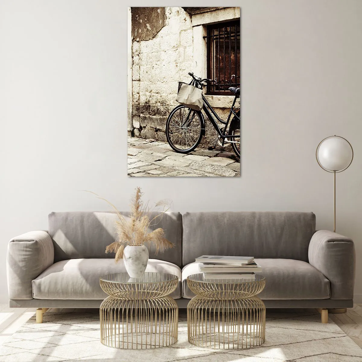 Impression sur verre - Image sur verre - Un vélo contre un mur de pierre avec une fenêtre et une porte de style rétro - 80x120cm - Retour au passé - Décoration murale moderne pour le salon et la chambre ARTTOR