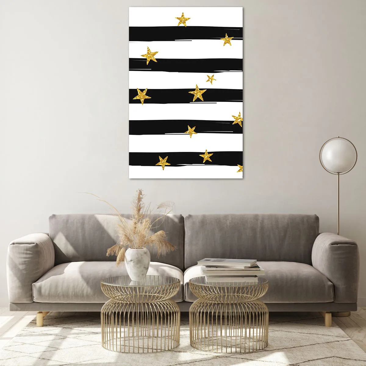 Obraz na szkle - Czarno-białe pasy z złotymi gwiazdkami - 80x120cm - Wszyscy urodziliśmy się pod szczęśliwą gwiazdą - Nowoczesna dekoracja ścienna do salonu i sypialni ARTTOR