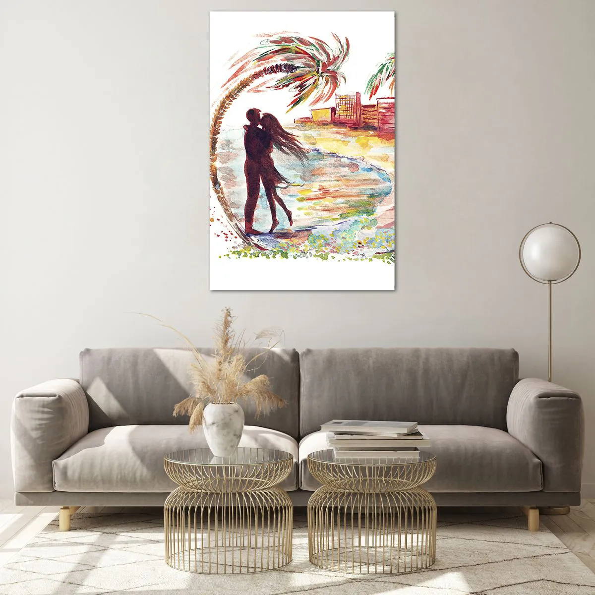 Obraz na szkle - Romantyczna scena pary na plaży z palmami w akwareli - 80x120cm - Romantyczne wakacje - Nowoczesna dekoracja ścienna do salonu i sypialni ARTTOR