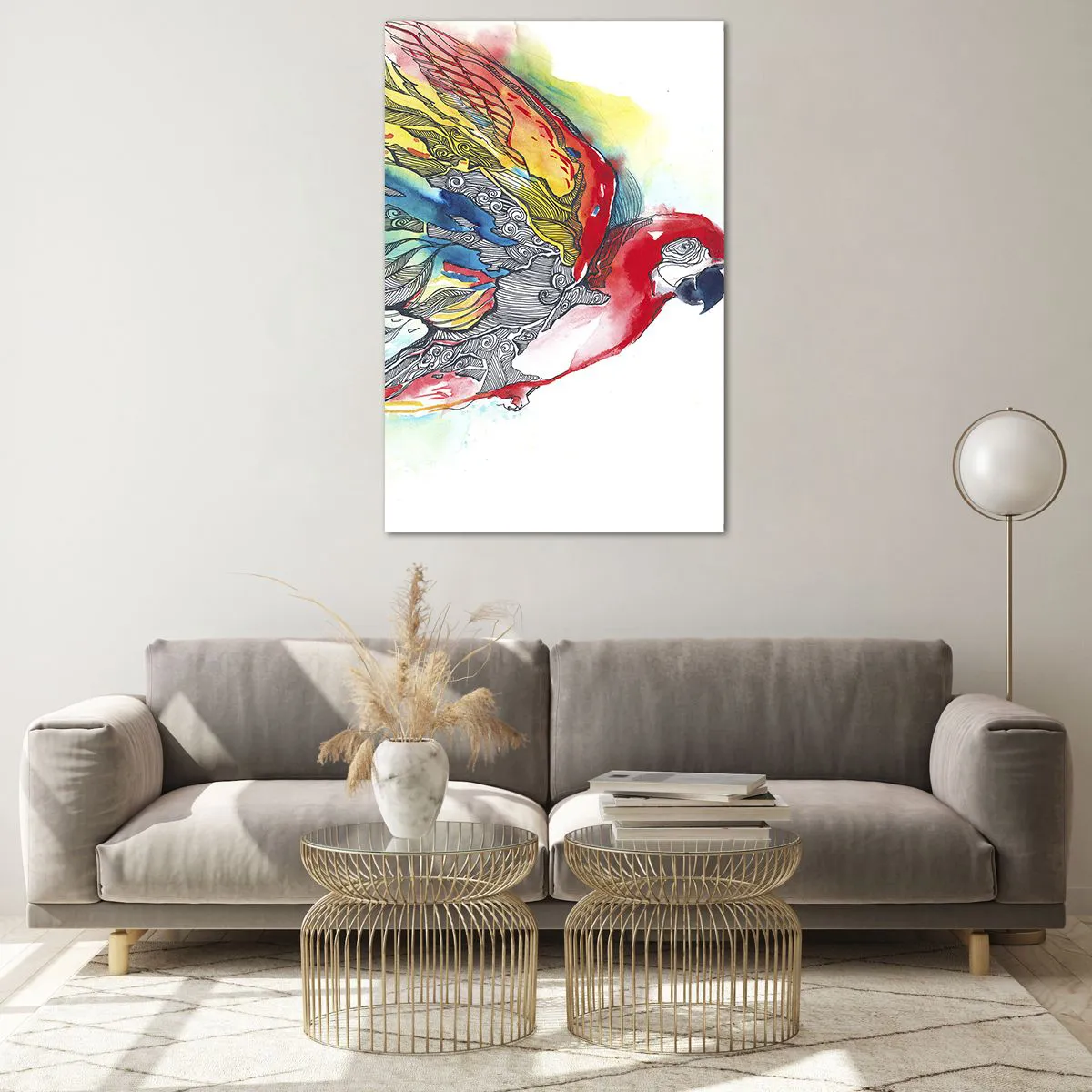 Impression sur verre - Image sur verre - Un perroquet coloré en vol avec des motifs abstraits sur ses ailes. - 80x120cm - Vivez haut en couleurs - Décoration murale moderne pour le salon et la chambre ARTTOR