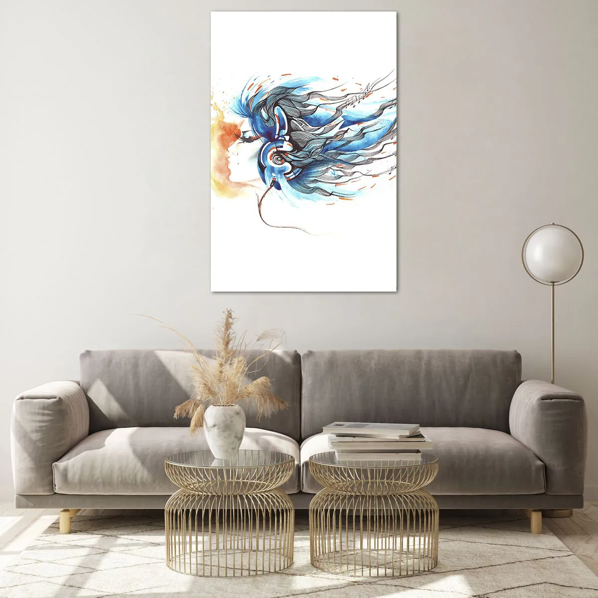 Obraz na szkle - Artystyczna grafika kobiety w słuchawkach z muzycznymi akcentami - 80x120cm - Niech gra muzyka - Nowoczesna dekoracja ścienna do salonu i sypialni ARTTOR