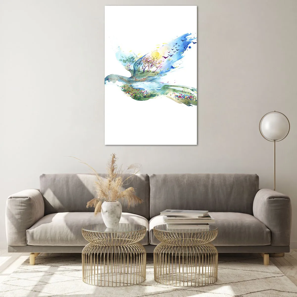 Glasbild - Bild auf glas - Aquarellkomposition eines Vogels mit Elementen der Natur - 80x120cm - Auf den Flügeln der Natur - Moderne Wanddekoration für Wohnzimmer und Schlafzimmer ARTTOR