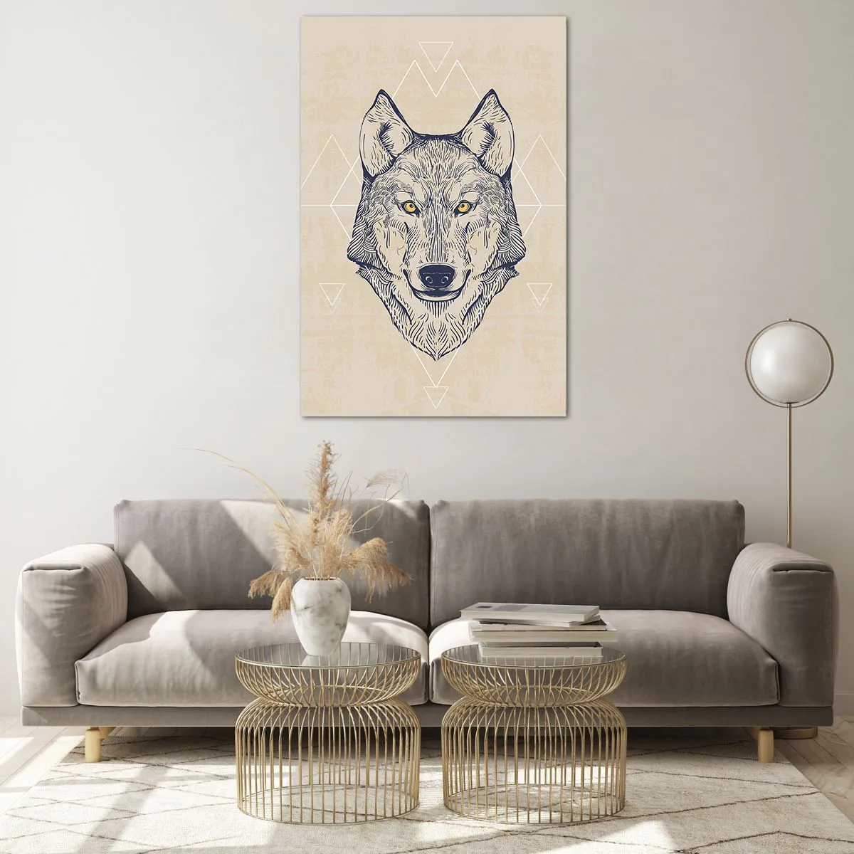 Impression sur verre - Image sur verre - Un loup géométrique sur fond clair avec des motifs minimalistes. - 80x120cm - Un alpha au regard pénétrant - Décoration murale moderne pour le salon et la chambre ARTTOR