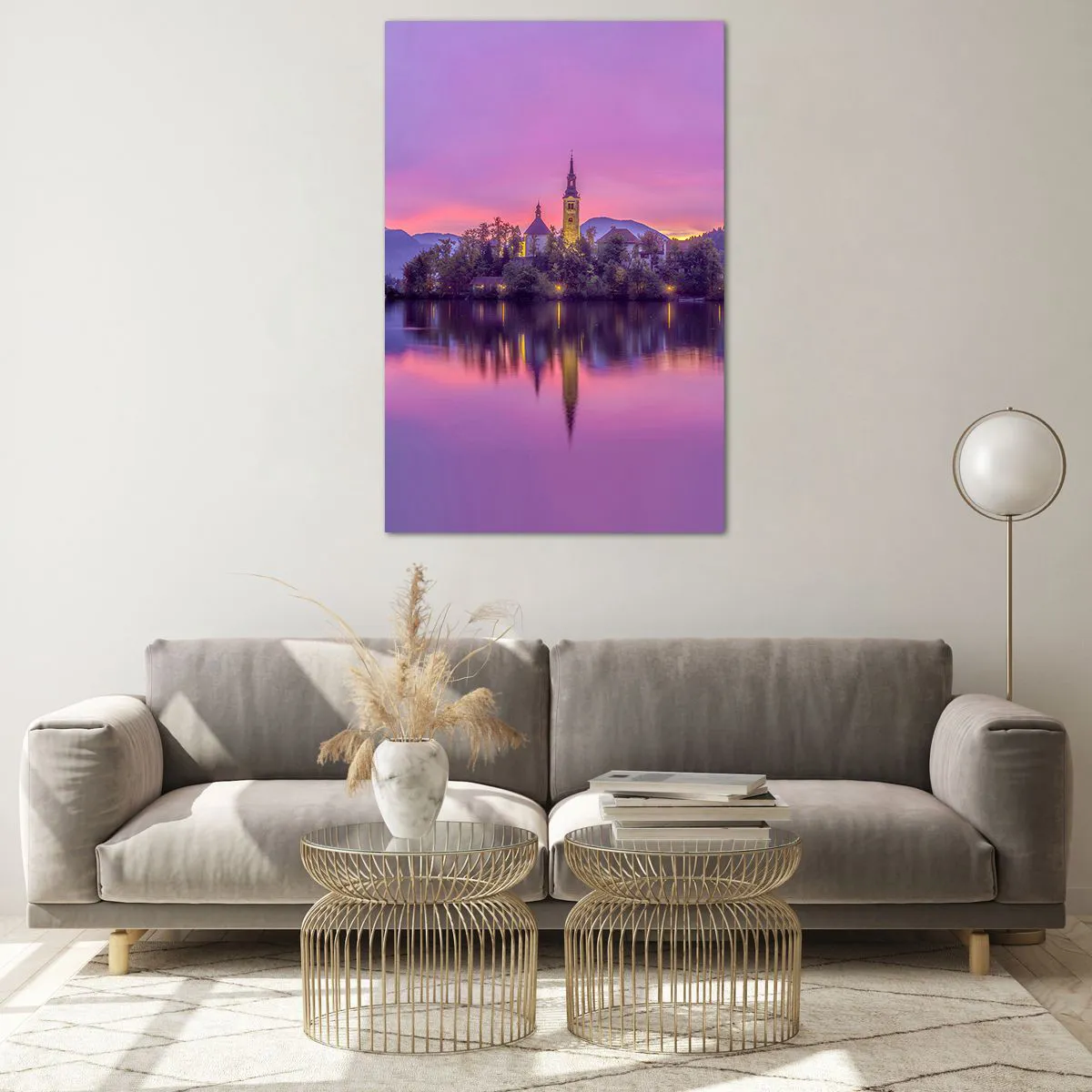 Glasbild - Bild auf glas - See mit einer Insel und einer Kirche bei Sonnenuntergang - 80x120cm - Eine märchenhafte Insel in der Abenddämmerung - Moderne Wanddekoration für Wohnzimmer und Schlafzimmer ARTTOR
