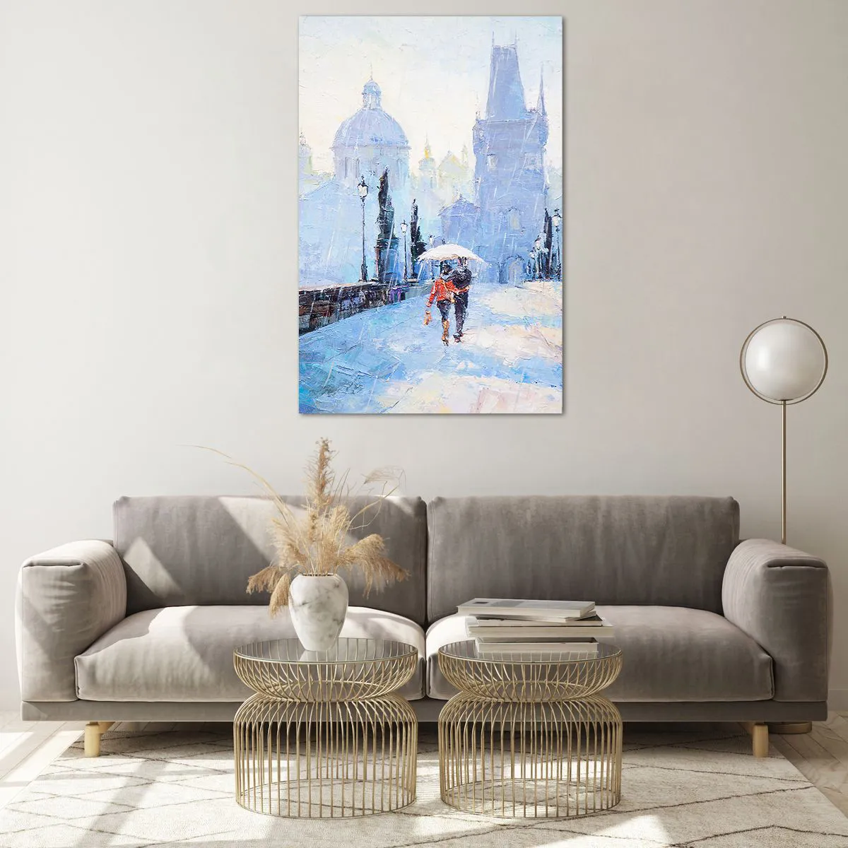 Obraz na szkle - Romantyczna para na moście w deszczu, malarska scena - 80x120cm - Nas zaczarować musiał deszcz - Nowoczesna dekoracja ścienna do salonu i sypialni ARTTOR