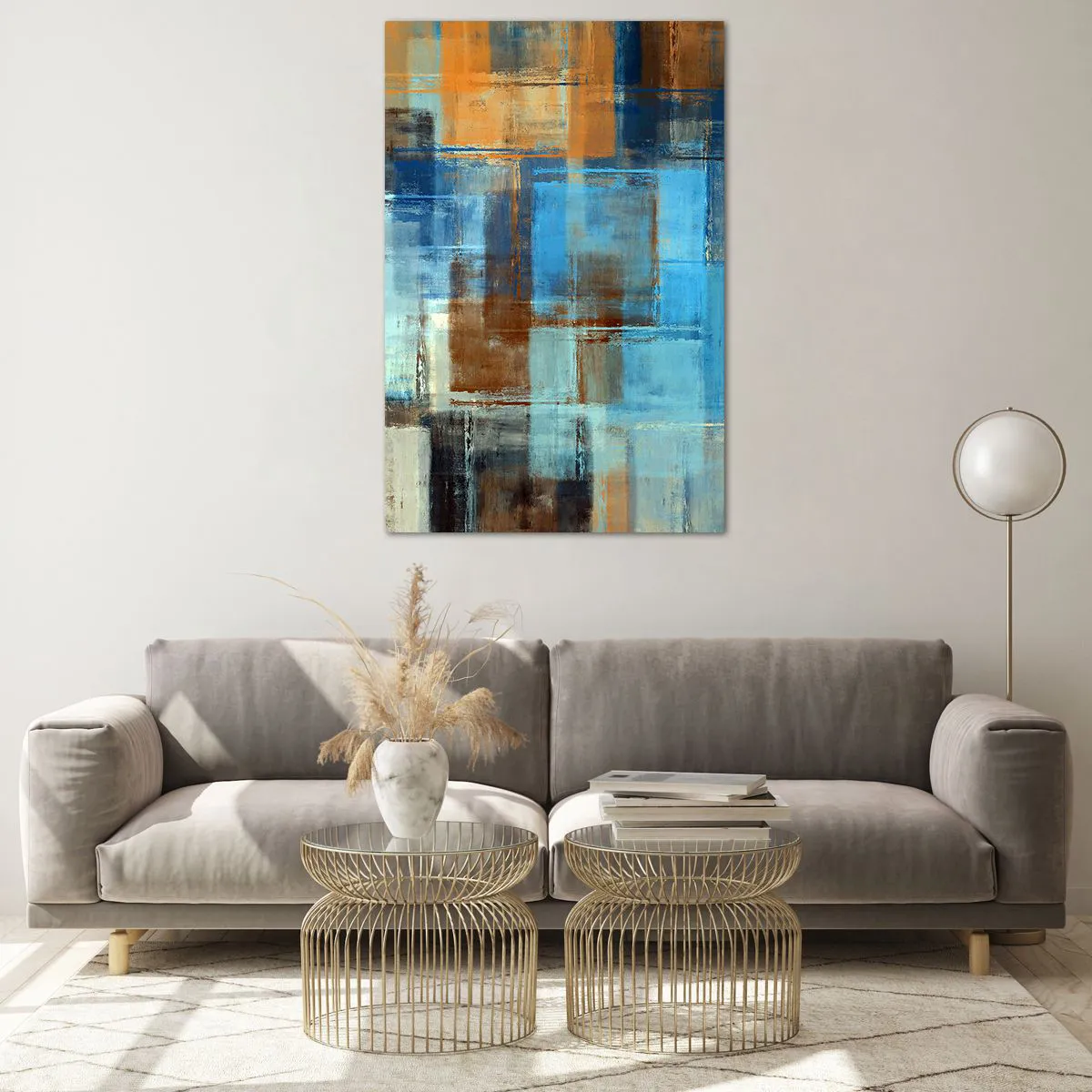 Cuadro sobre vidrio - Impresiones sobre Vidrio - Composición geométrica abstracta en tonos azules y marrones. - 80x120cm - A través del velo azul - Decoración de pared moderna para salón y dormitorio ARTTOR