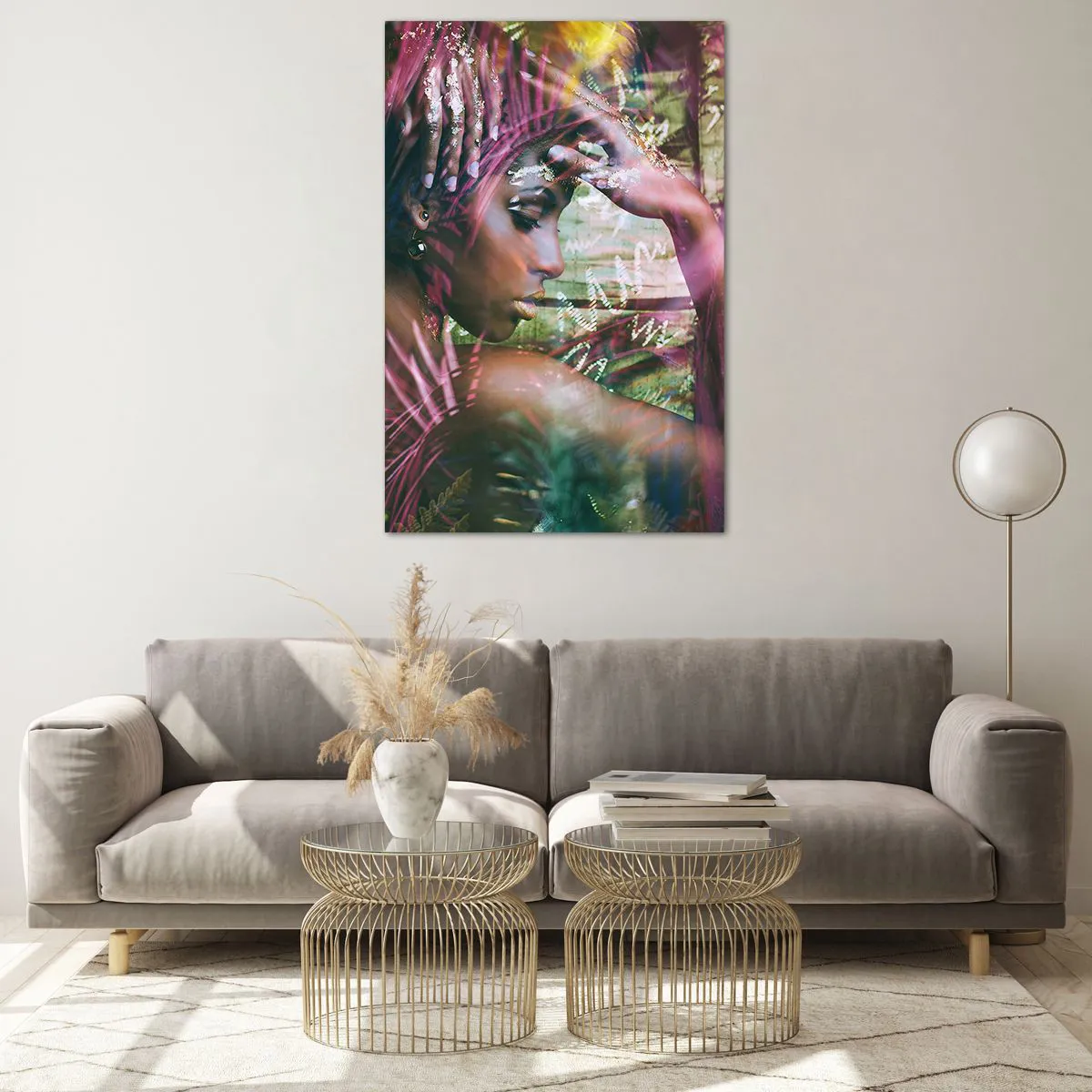 Impression sur verre - Image sur verre - Portrait d'une femme entourée d'une végétation exotique - 80x120cm - Dame Nature dans la jungle - Décoration murale moderne pour le salon et la chambre ARTTOR