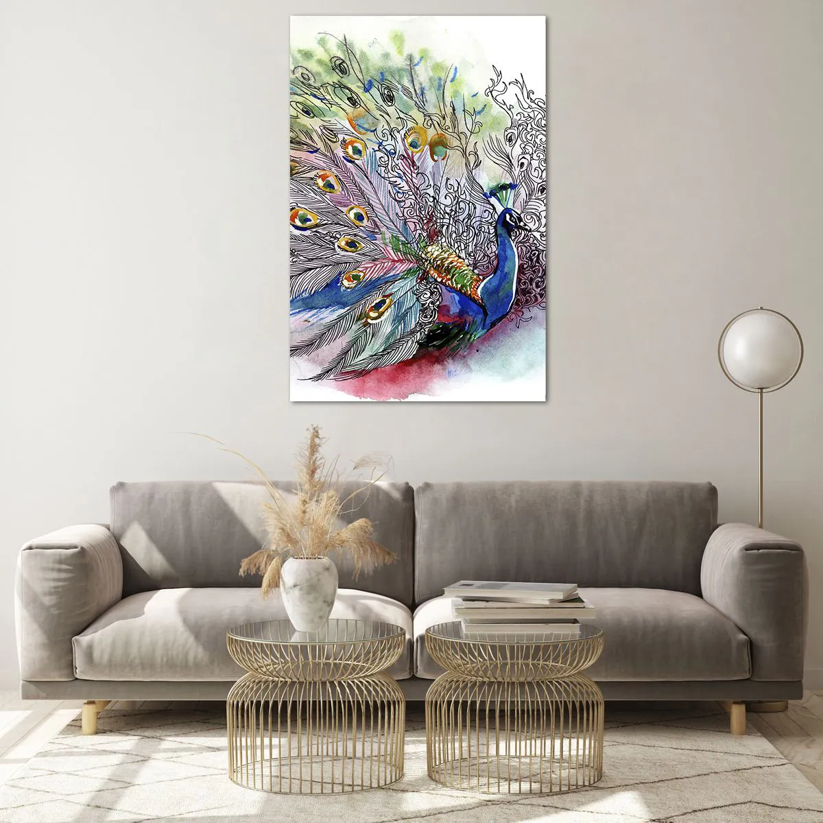 Impression sur verre - Image sur verre - Un paon dans un style aquarelle coloré avec des plumes abstraites - 80x120cm - Avec fierté contre la grisaille - Décoration murale moderne pour le salon et la chambre ARTTOR