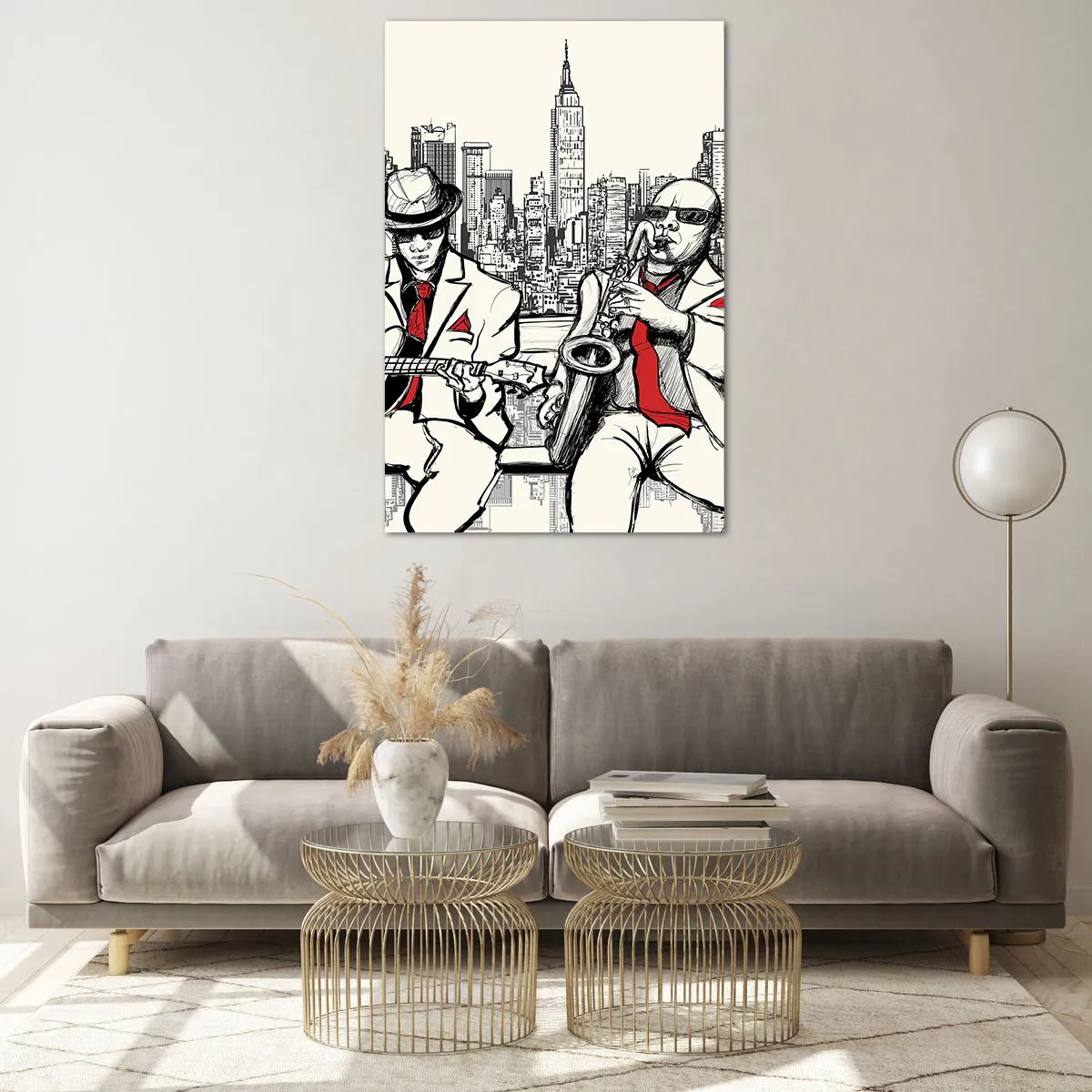 Obraz na szkle - Jazzowy duet z saksofonem i gitarą na tle miasta - 80x120cm - Nowojorska improwizacja - Nowoczesna dekoracja ścienna do salonu i sypialni ARTTOR