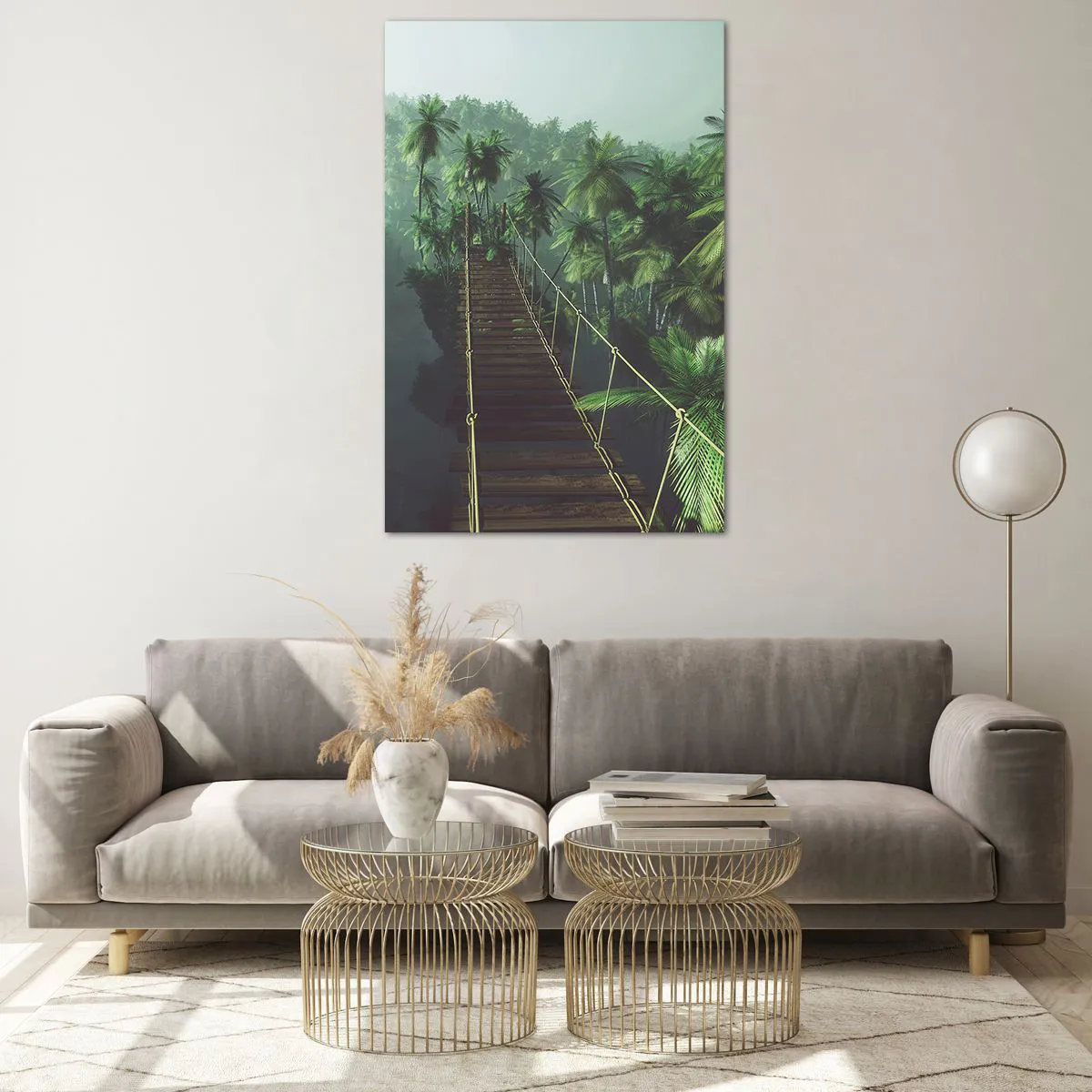 Impression sur verre - Image sur verre - Un pont suspendu dans une forêt tropicale entourée de brouillard. - 80x120cm - Au fil de la verdure - Décoration murale moderne pour le salon et la chambre ARTTOR