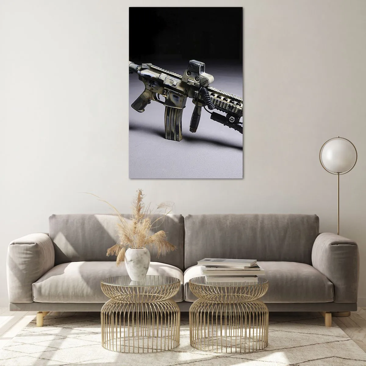 Obraz na szkle - Nowoczesna broń w kolorze kamuflażu na ciemnym tle - 80x120cm - Zawsze grożny - Nowoczesna dekoracja ścienna do salonu i sypialni ARTTOR