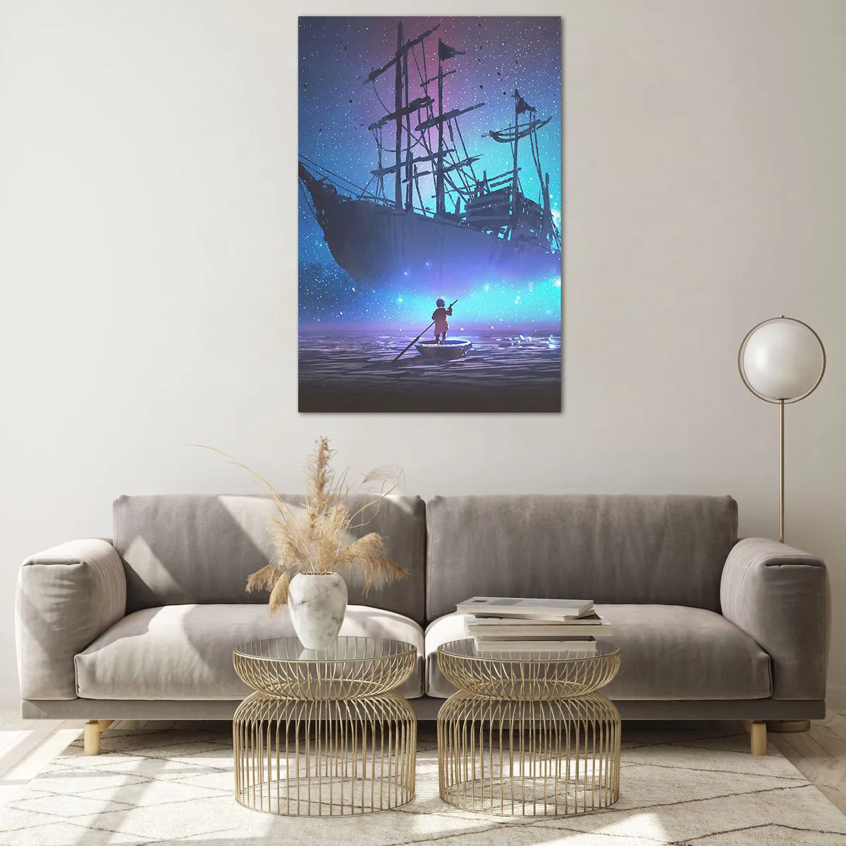 Quadro su vetro - Una nave fantastica contro il cielo stellato - 80x120cm - Incontro con il mito del mare - Decorazione murale moderna per soggiorno e camera da letto ARTTOR