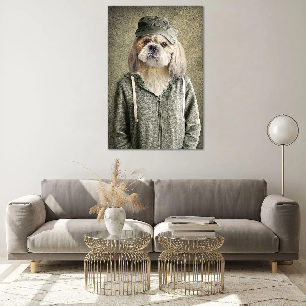 Cuadro sobre vidrio - Impresiones sobre Vidrio - Retratos estilizados de un león, un perro y un elefante con ropa elegante. - 80x120cm - Prefiero tomármelo con calma - Decoración de pared moderna para salón y dormitorio ARTTOR