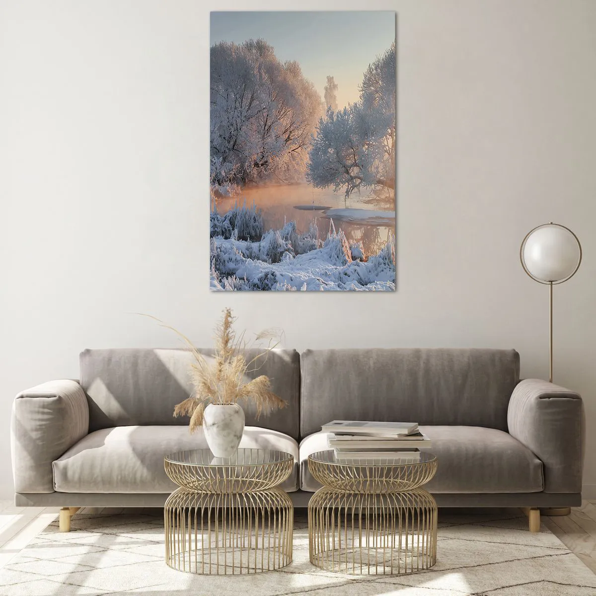 Obraz na szkle - Zimowy krajobraz z ośnieżonymi drzewami i zachodem słońca - 80x120cm - Wszystko w słonecznym lśni krysztale - Nowoczesna dekoracja ścienna do salonu i sypialni ARTTOR