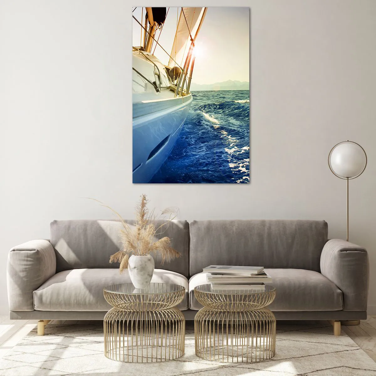Impression sur verre - Image sur verre - Un yacht en pleine mer avec vue sur les vagues - 80x120cm - Suite à l'aventure - Décoration murale moderne pour le salon et la chambre ARTTOR