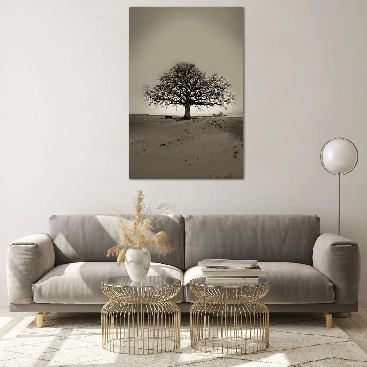 Glasbild - Bild auf glas - Ein einsamer Baum in einem Sepia-Feld - 80x120cm - Von hier zu Ewigkeit - Moderne Wanddekoration für Wohnzimmer und Schlafzimmer ARTTOR