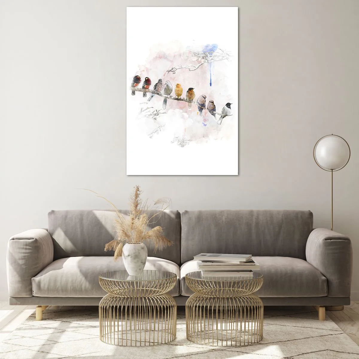 Glasbild - Bild auf glas - Bunte Vögel auf einem Ast im Aquarellstil - 80x120cm - Geflügeltes Treffen - Moderne Wanddekoration für Wohnzimmer und Schlafzimmer ARTTOR