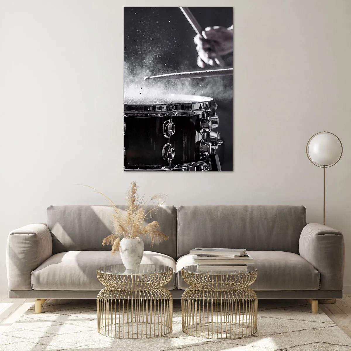 Quadro su vetro - Colpire il rullante con le bacchette con effetto polvere - 80x120cm - Il polso della musica - Decorazione murale moderna per soggiorno e camera da letto ARTTOR