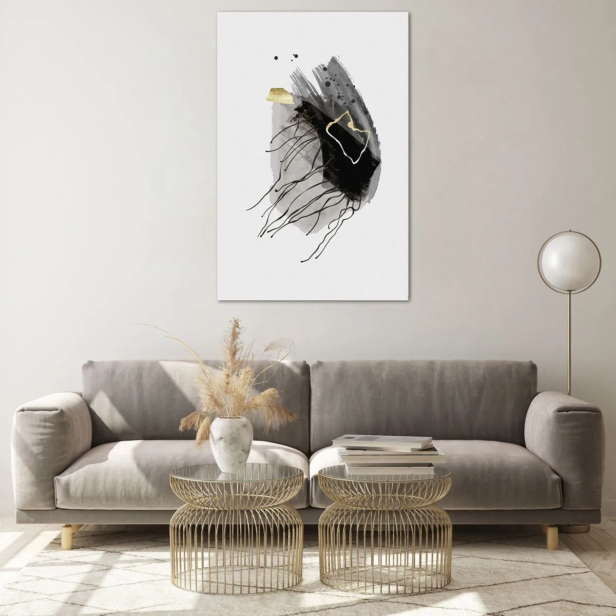 Cuadro sobre vidrio - Impresiones sobre Vidrio - Una composición abstracta con acentos negros y dorados. - 80x120cm - En negro y dorado - Decoración de pared moderna para salón y dormitorio ARTTOR