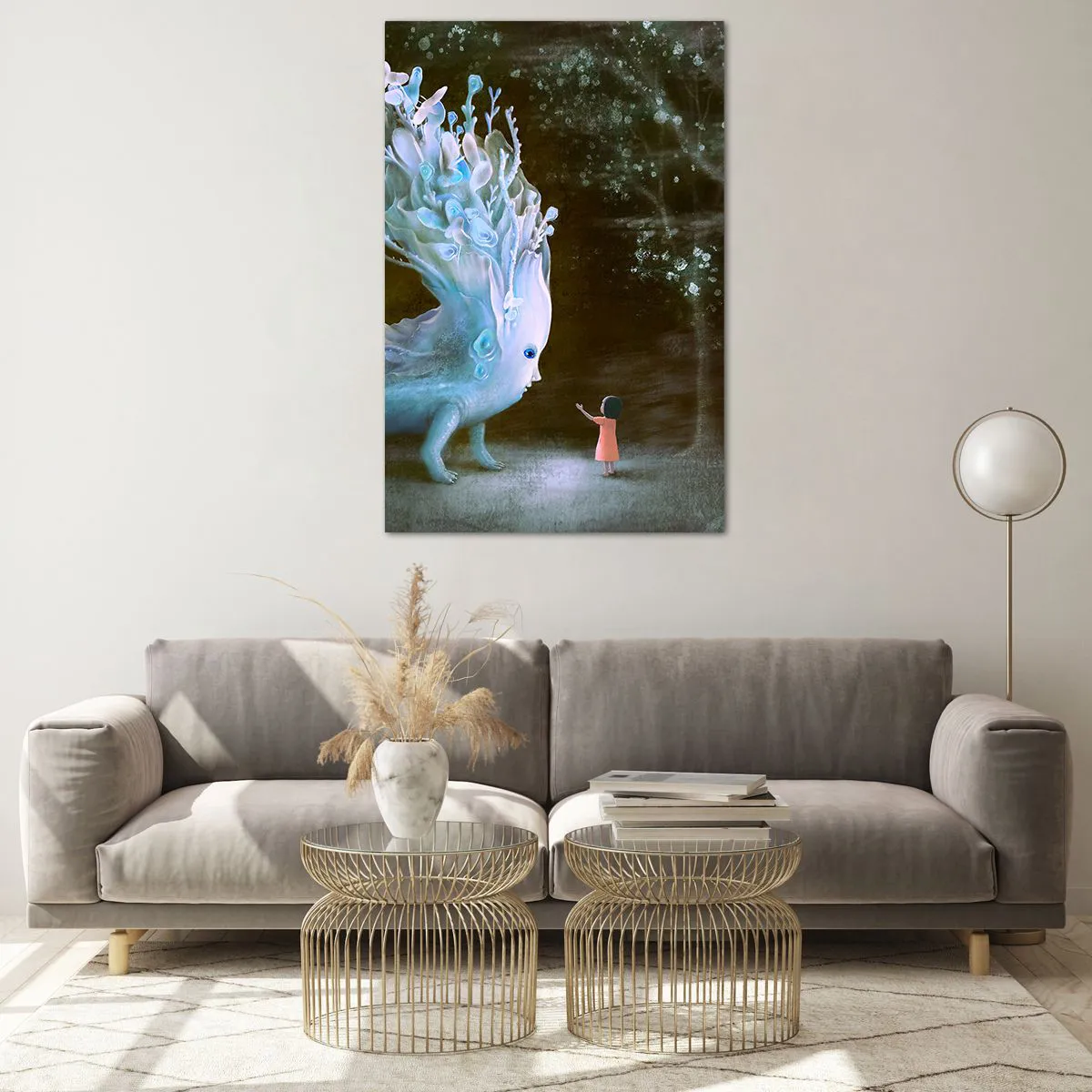 Quadro su vetro - La figura di una ragazza di fronte a una creatura fantastica - 80x120cm - Incontro fantastico - Decorazione murale moderna per soggiorno e camera da letto ARTTOR