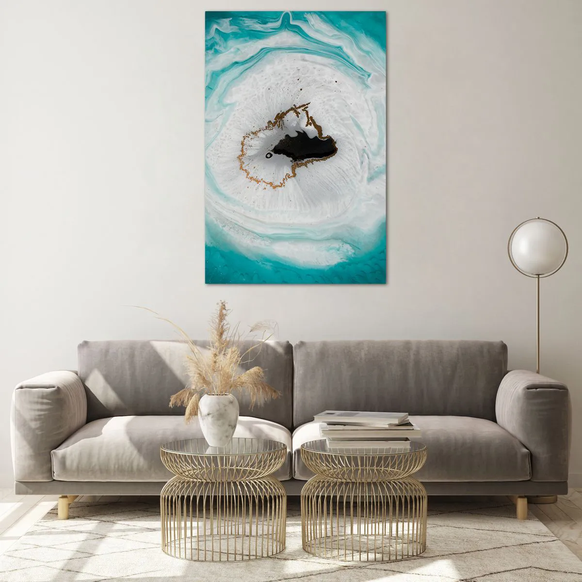 Glasbild - Bild auf glas - Abstraktes Geodenmotiv in Türkis-, Weiß- und Goldtönen - 80x120cm - Nach Innen eindringen - Moderne Wanddekoration für Wohnzimmer und Schlafzimmer ARTTOR