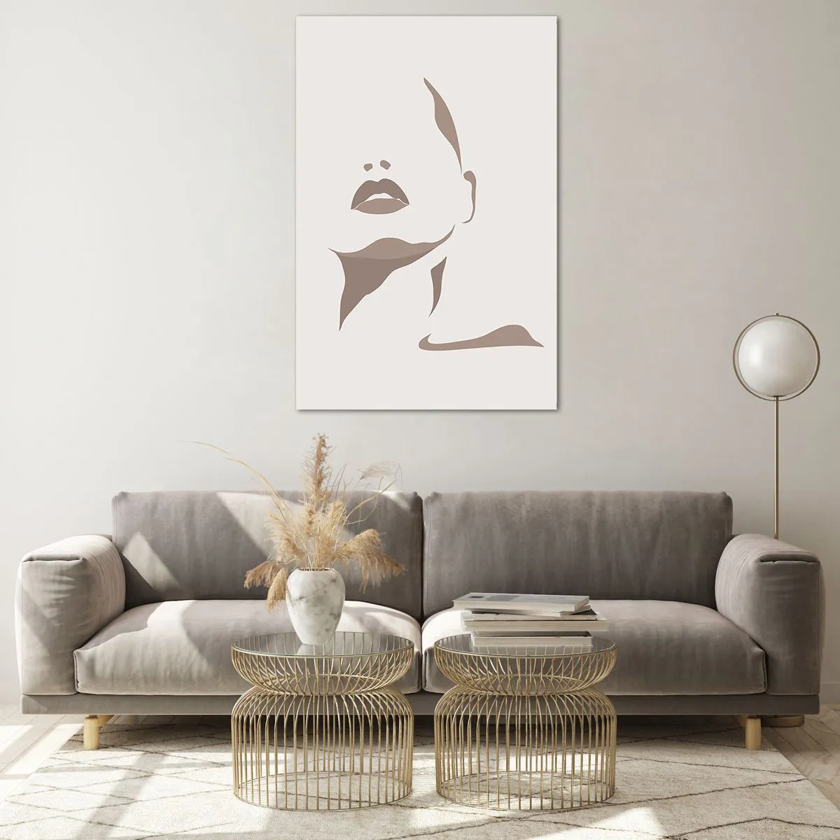 Cuadro sobre vidrio - Impresiones sobre Vidrio - Contorno minimalista del rostro de una mujer en delicados tonos beige. - 80x120cm - Creación a partir de la luz y la sombra - Decoración de pared moderna para salón y dormitorio ARTTOR