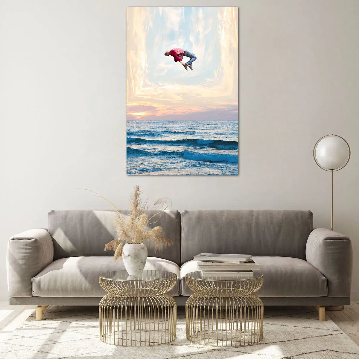 Impression sur verre - Image sur verre - Saut surréaliste au-dessus de la mer dans le cadre - 80x120cm - Vers une autre dimension - Décoration murale moderne pour le salon et la chambre ARTTOR