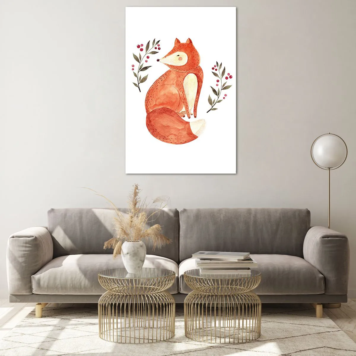 Cuadro sobre vidrio - Impresiones sobre Vidrio - Un zorro de acuarela rodeado de ramitas con bayas. - 80x120cm - Pequeño pelirrojo - Decoración de pared moderna para salón y dormitorio ARTTOR