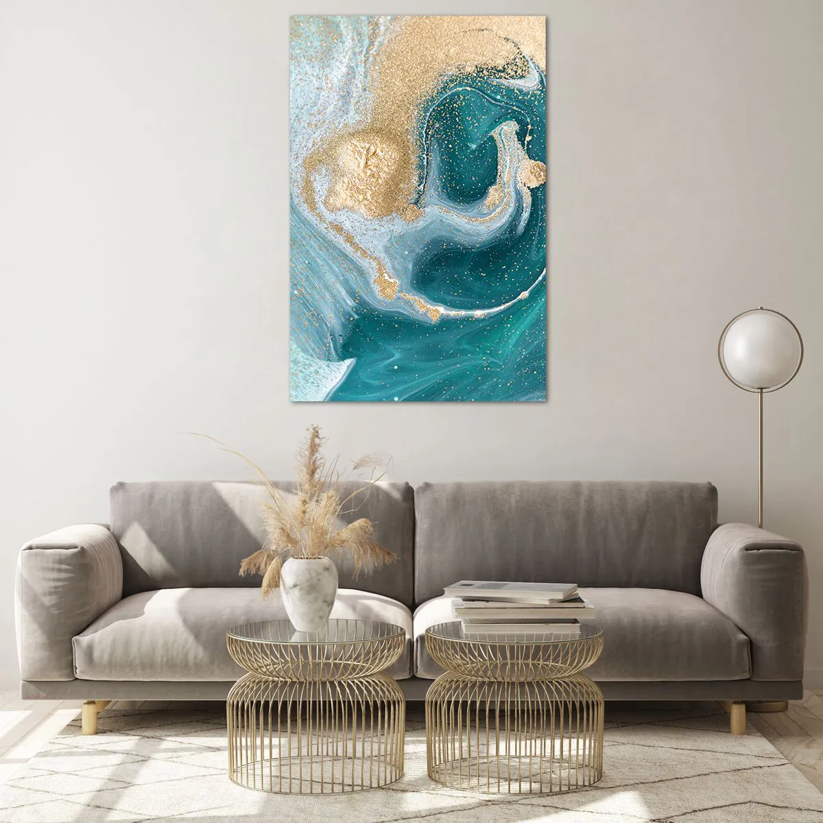 Billede på glas - En hvirvel af guld og turkis - 80x120 cm