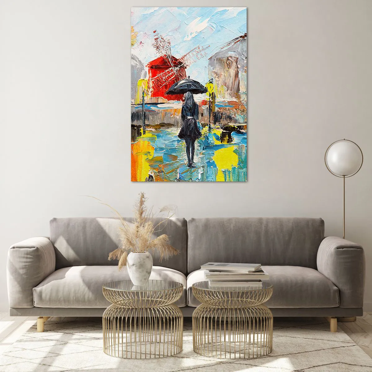 Glasbild - Bild auf glas - Eine malerische Szene mit einem Regenschirm vor der Kulisse von Paris in leuchtenden Farben. - 80x120cm - Pariser Legenden - Moderne Wanddekoration für Wohnzimmer und Schlafzimmer ARTTOR